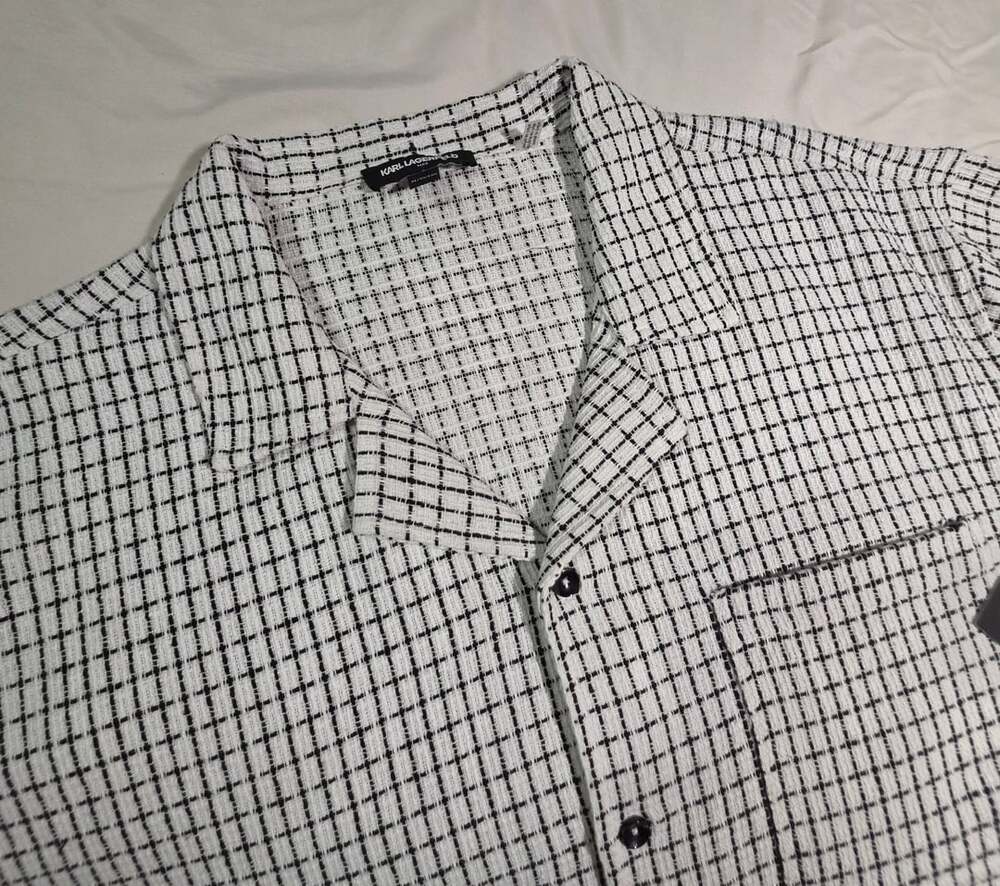 Karl Lagerfeld Paris Black /White Grid Textured Camp Collar Short Sleeve Shirt X